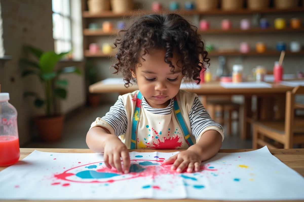 Petite fille de 3 ans faisant de la peinture au doigt dans un atelier créatif pour enfants à Paris