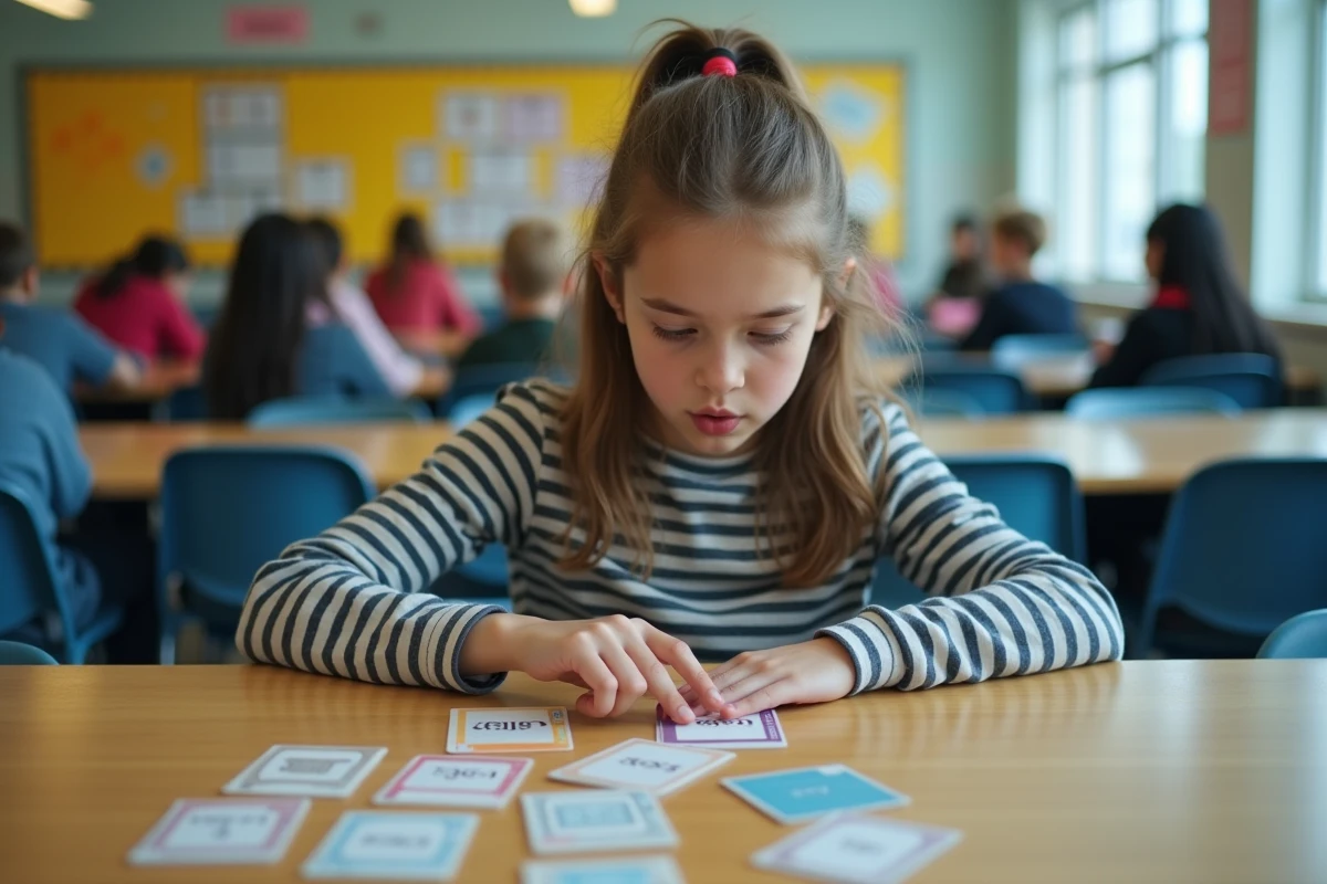 Adolescente seule à la cantine scolaire résolvant un défi logique avec des cartes de jeu