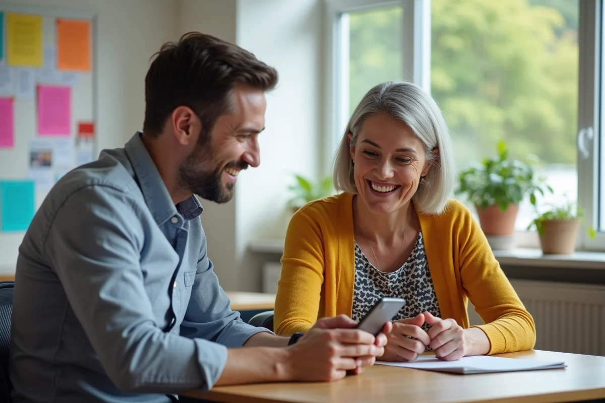 Travailleur social montrant une application à une jeune femme en centre communautaire