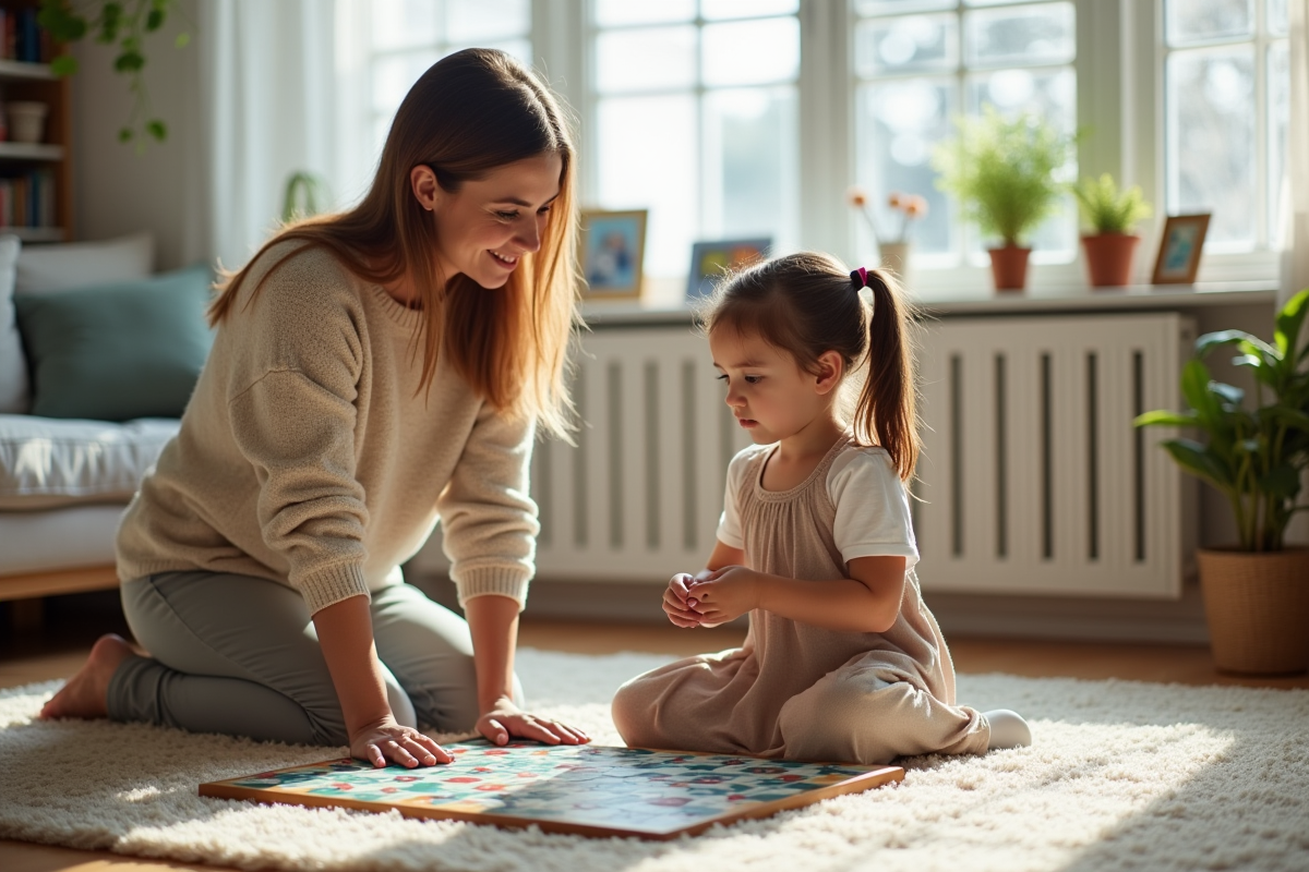 Femme sociale aidant une jeune fille avec jeu educatif enfants