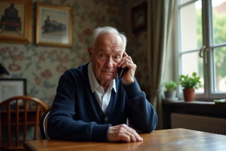 Homme retraité en train de téléphoner dans son appartement parisien