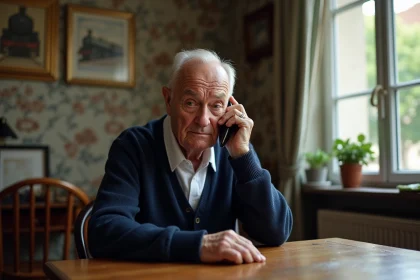 Homme retrait&eacute; en train de t&eacute;l&eacute;phoner dans son appartement parisien