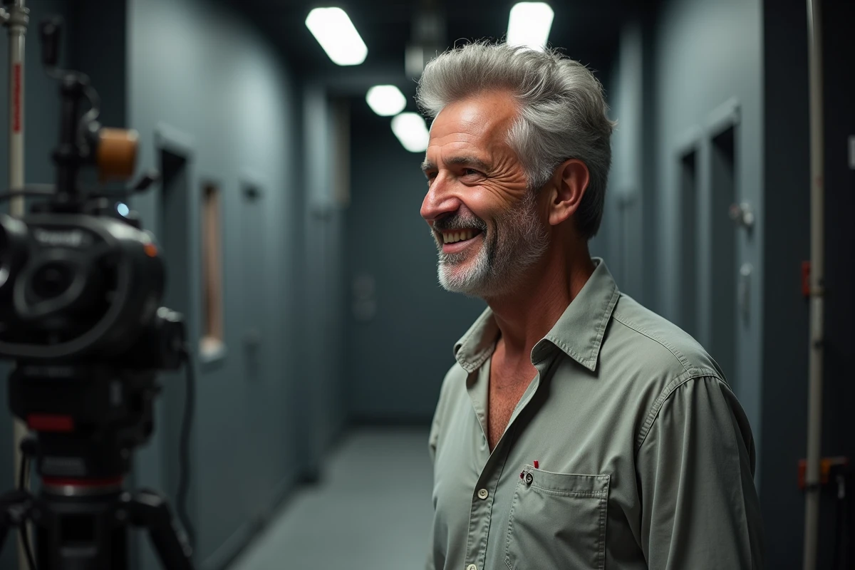 Animateur télévision souriant dans les coulisses d'un studio de télévision français