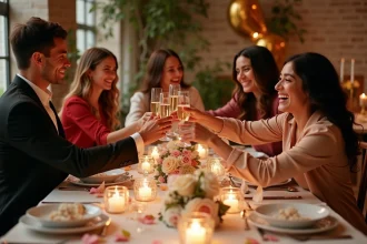 Groupe de jeunes adultes de 18 ans trinquant en petit comité autour d'une table décorée pour un anniversaire VIP