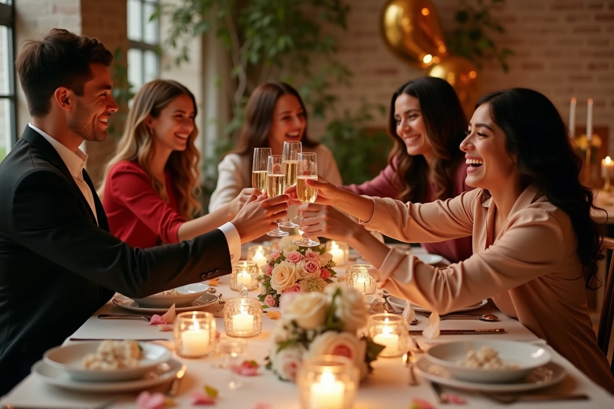 Groupe de jeunes adultes de 18 ans trinquant en petit comité autour d'une table décorée pour un anniversaire VIP