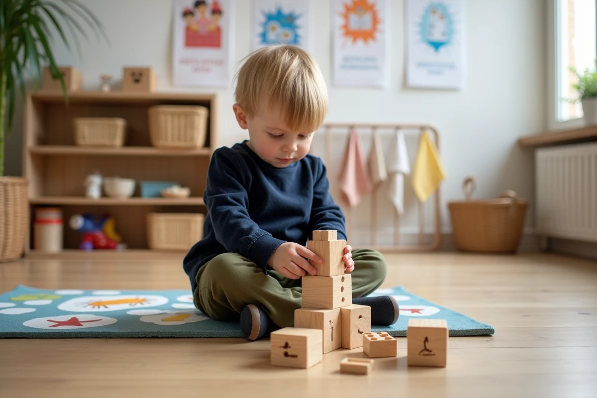 Garçon de 3 ans en train de construire avec des blocs en bois dans un atelier d'éveil créatif à Paris