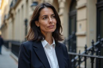 Femme engagée devant un immeuble parisien classique, portrait éditorial illustrant l'engagement politique et les origines d'Aurore Malval