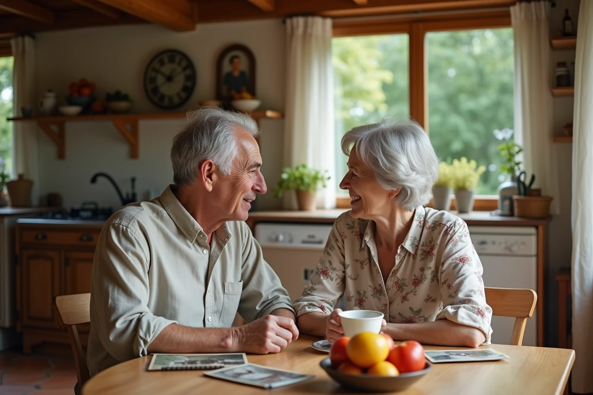 Couple de parents français dans une cuisine rustique de maison familiale, évoquant les origines et le milieu familial influençant l'engagement d'une personnalité politique