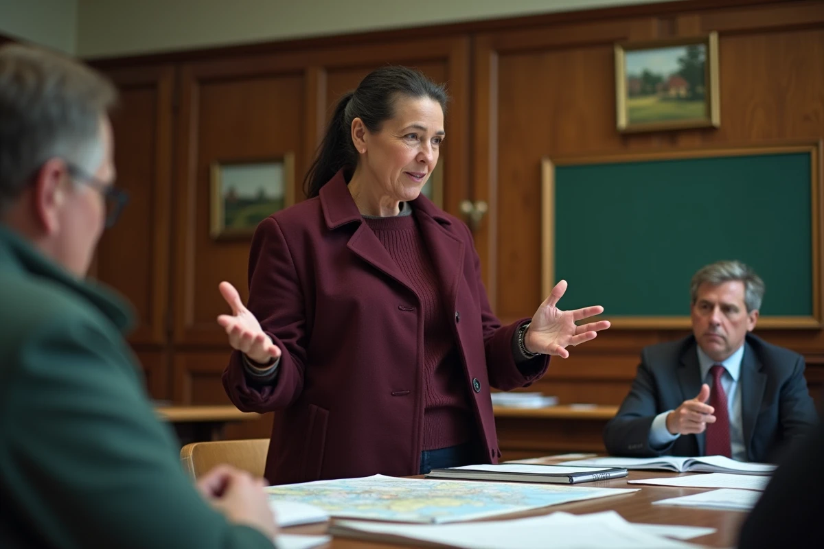Femme politique lors d'une réunion citoyenne dans une salle municipale, illustrant l'engagement associatif et les racines familiales d'une militante française
