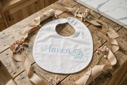 Bavoir personnalisé brodé au prénom posé sur une table en bois avec des accessoires de baby shower kraft et fleurs séchées