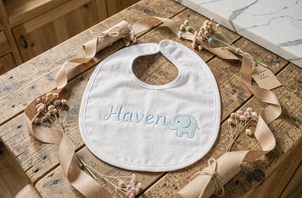 Bavoir personnalisé brodé au prénom posé sur une table en bois avec des accessoires de baby shower kraft et fleurs séchées