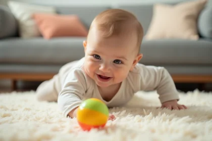 B&eacute;b&eacute; gar&ccedil;on de 7 mois souriant en roulant vers un jouet color&eacute;