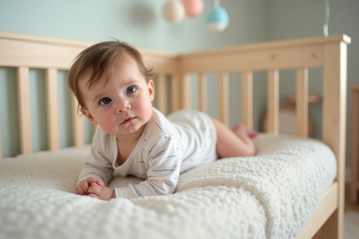 Bébé fille calme dans un berceau moderne et lumineux