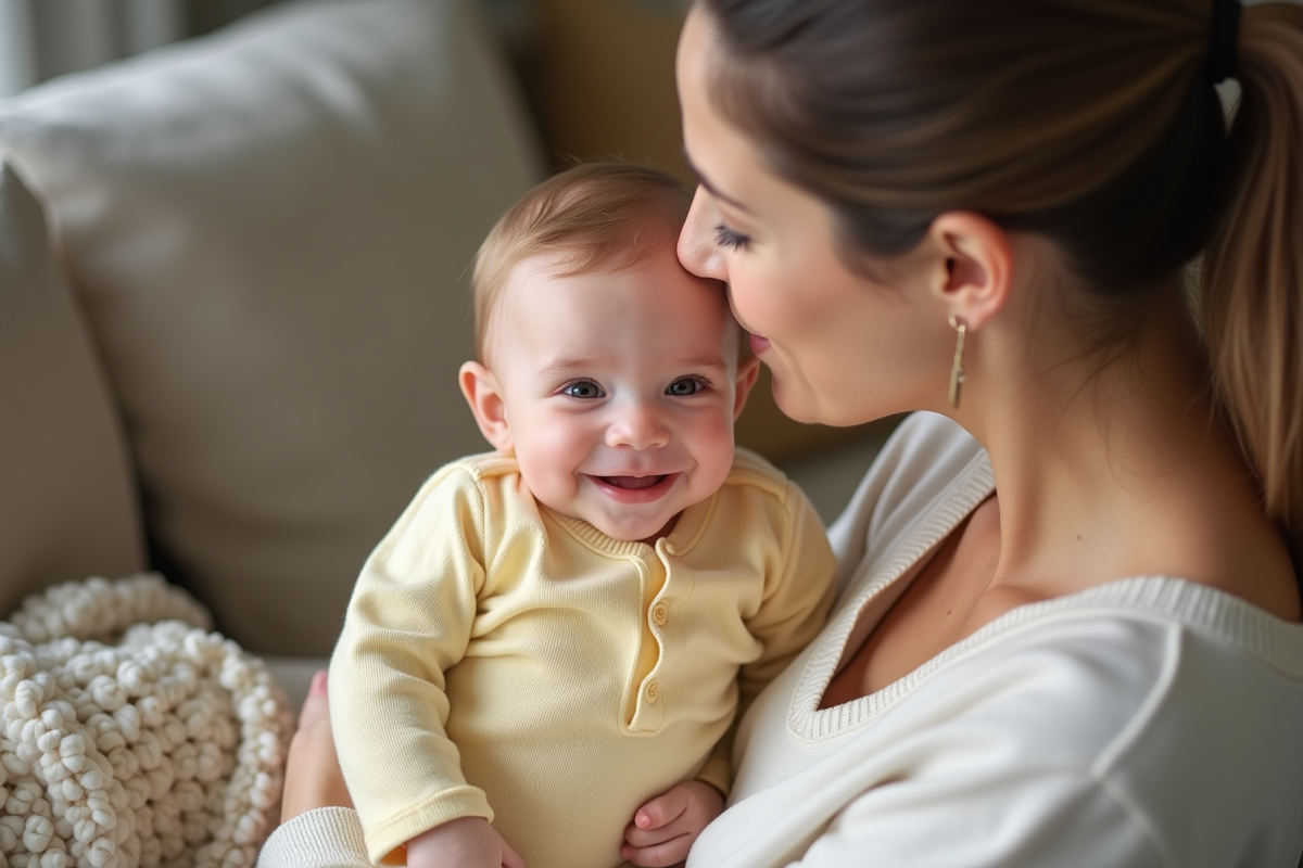 Bébé fille de 6 mois avec sa mère dans un cadre intime