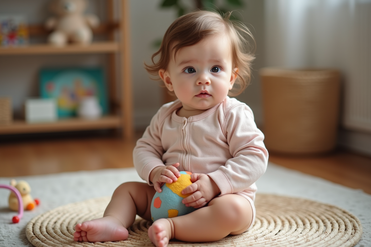 Bebe fille assise avec jouet coloré dans un intérieur chaleureux