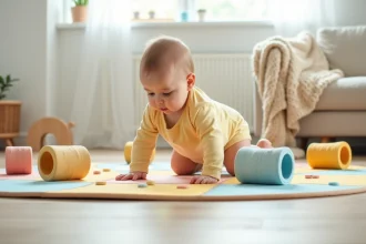 Bébé de 8 mois en train de ramper sur un parcours de motricité avec tapis en mousse aux textures variées dans un salon scandinave