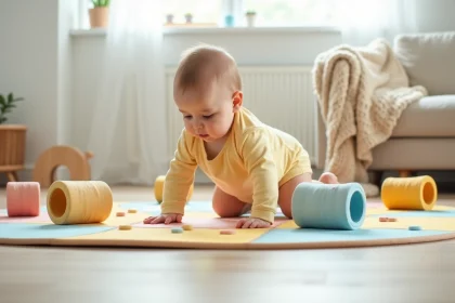 Bébé de 8 mois en train de ramper sur un parcours de motricité avec tapis en mousse aux textures variées dans un salon scandinave