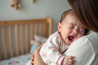 Bébé fille de 7 mois qui bâille dans une nurserie douce