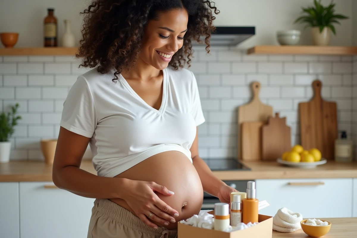 Femme enceinte découvrant le contenu d'une box cadeau gratuite grossesse dans sa cuisine moderne