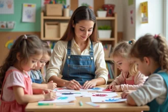 Maîtresse de maternelle aidant des enfants à réaliser des bricolages pour la fête des mères avec des empreintes de mains colorées