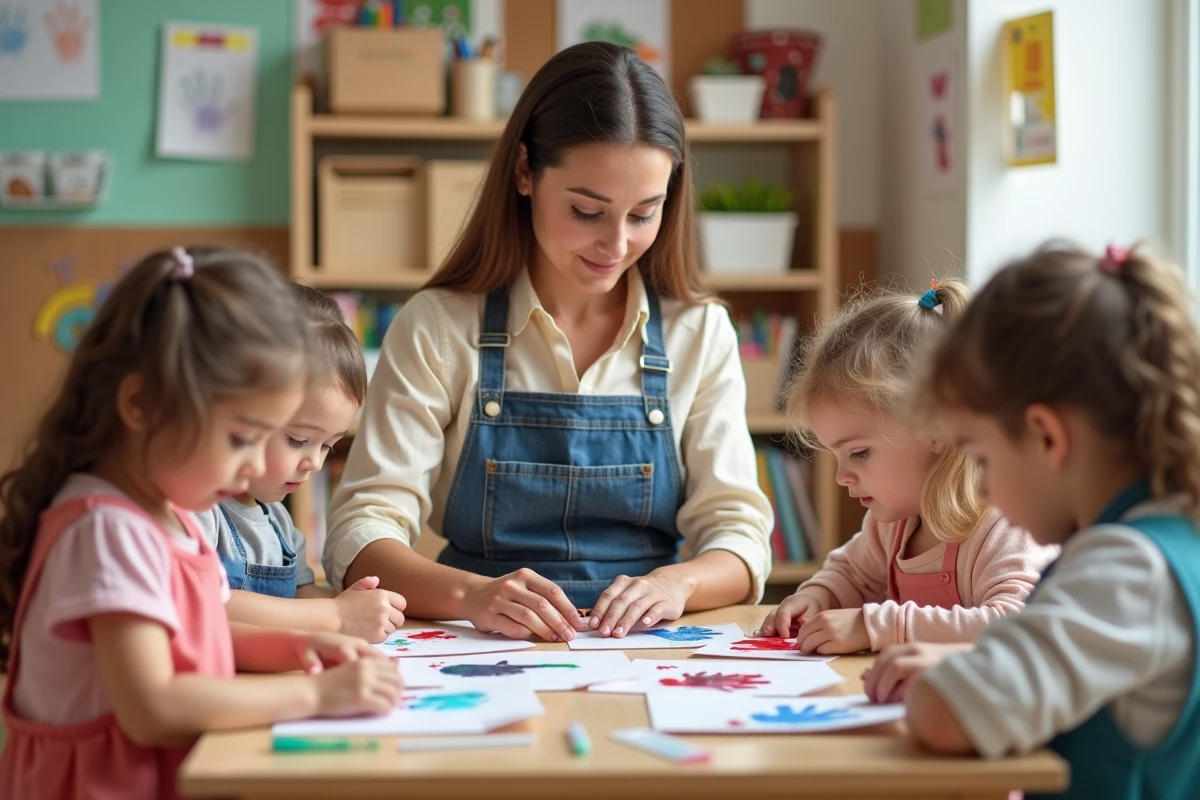 Maîtresse de maternelle aidant des enfants à réaliser des bricolages pour la fête des mères avec des empreintes de mains colorées