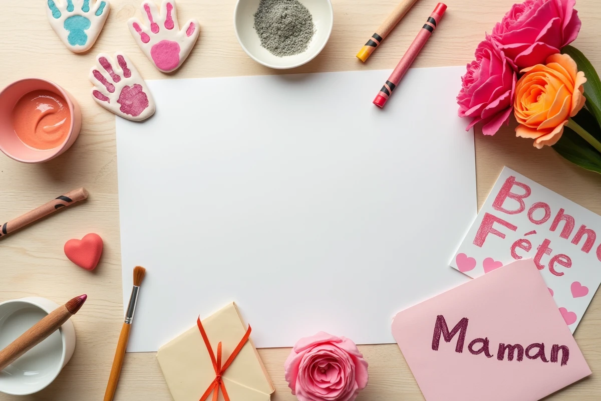 Vue de dessus des bricolages fête des mères réalisés en maternelle incluant cartes décorées, fleurs en papier et pendentifs en argile