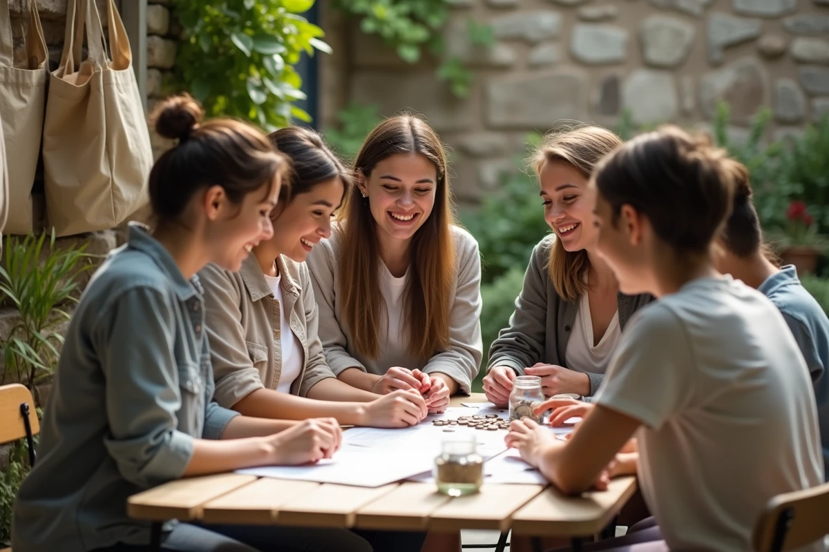 Parents et bénévoles gérant le budget d'une kermesse écoresponsable autour d'une table en plein air