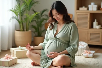 Future maman souriante assise entourée de cadeaux gratuits grossesse dans une chambre de bébé décorée avec goût