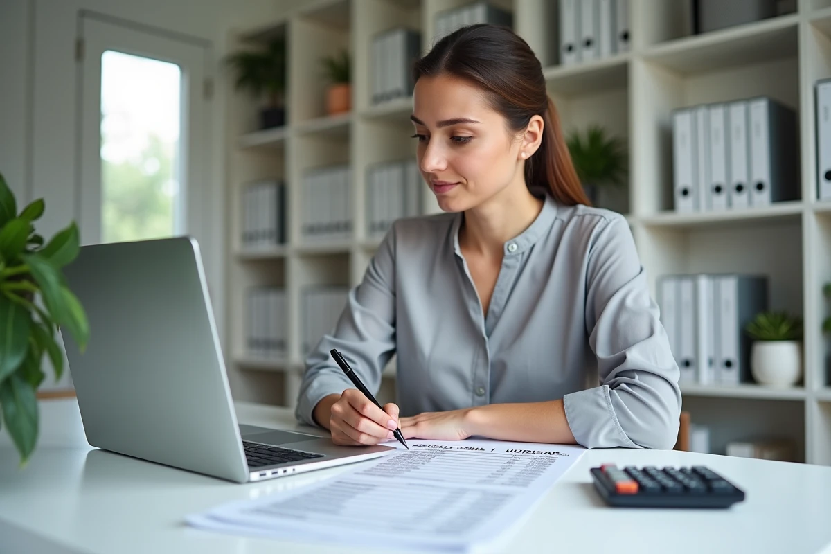 Femme consultant un tableau de calcul de salaire annuel et des documents URSSAF pour une nounou sur un bureau à domicile
