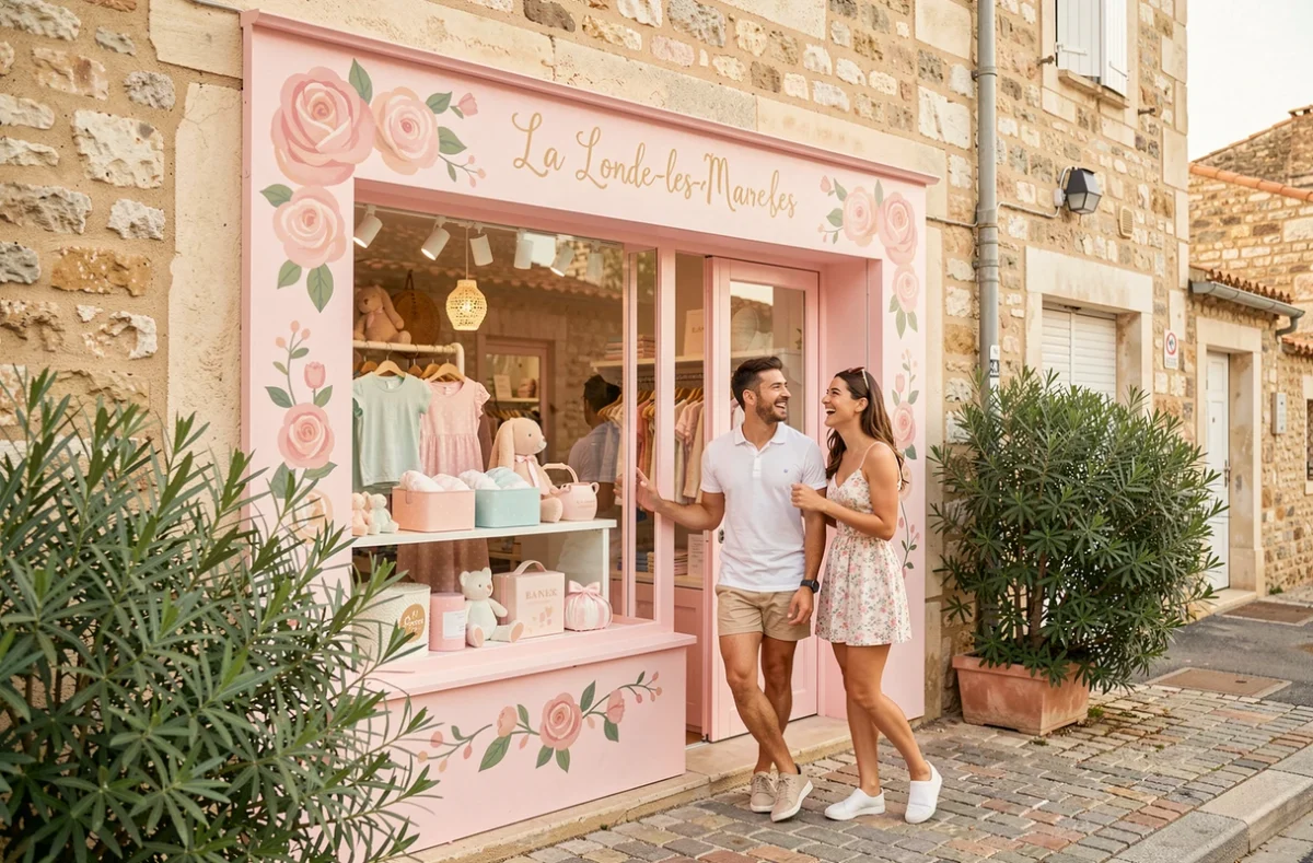 Façade rose de la boutique Chou Rose à La Londe-les-Maures avec un couple admirant la vitrine de puériculture