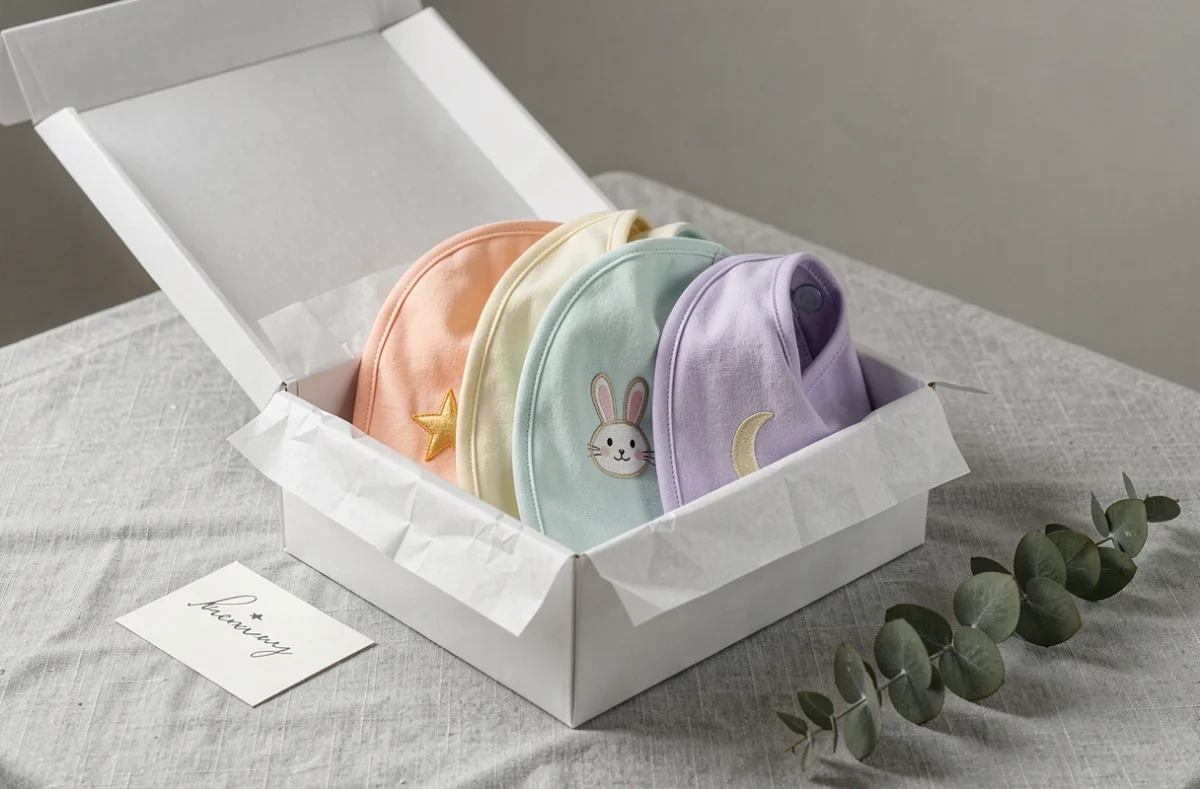 Coffret cadeau de trois bavoirs bébé personnalisés brodés en couleurs pastel dans une boîte blanche pour baby shower