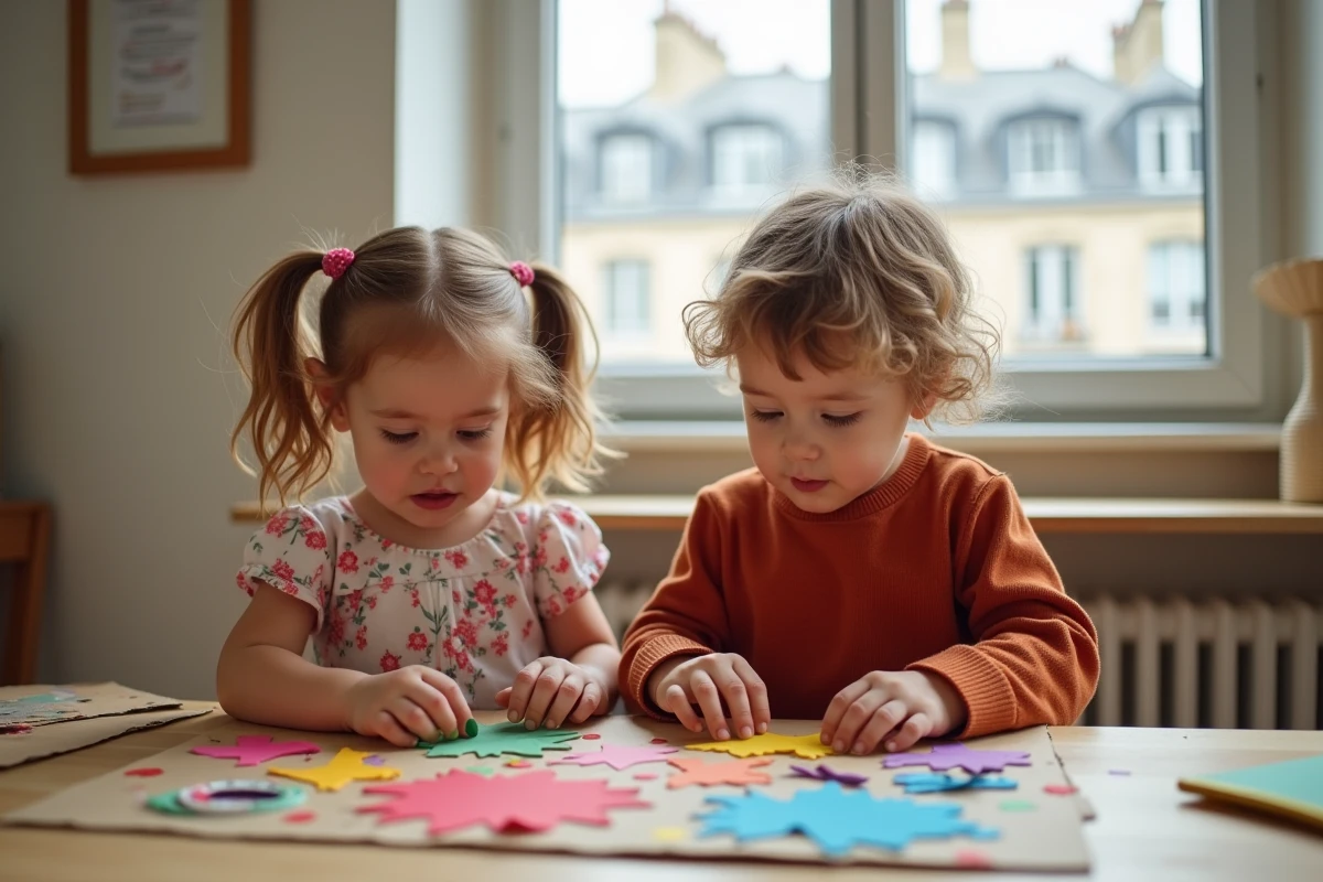 Deux enfants de 3 ans réalisant un collage coloré dans un espace créatif pour enfants à Paris