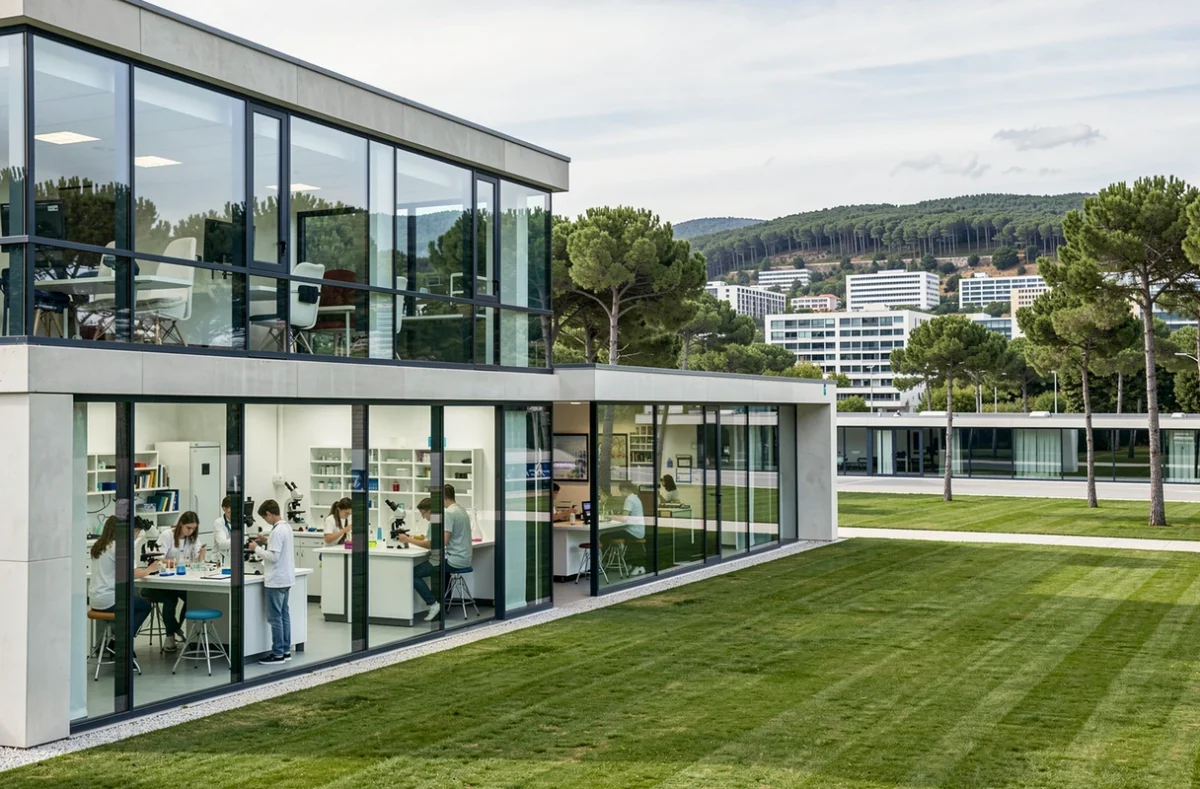 Campus moderne du Collège International de Valbonne avec élèves en laboratoire de sciences et vue sur Sophia Antipolis