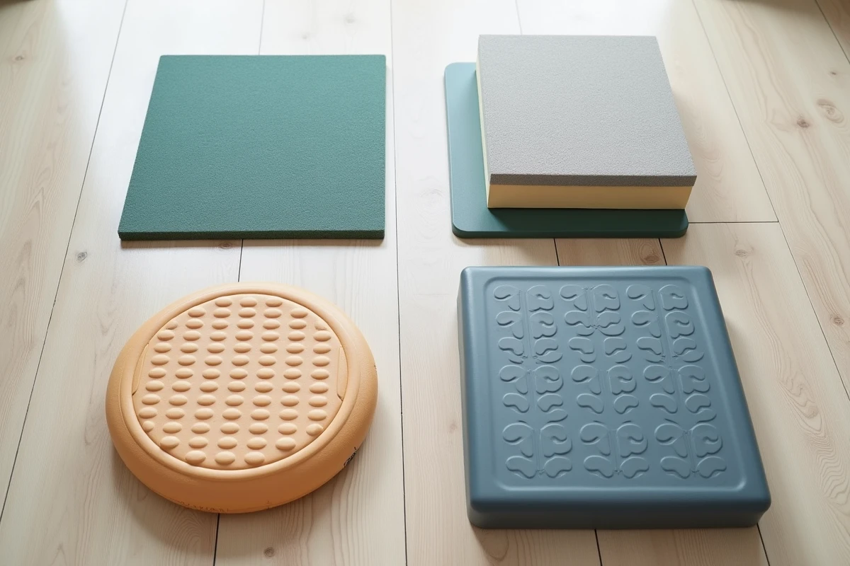 Vue de dessus comparant différents matériaux pour parcours de motricité bébé : mousse EVA, coussin d'équilibre, tapis en caoutchouc naturel et mousse enveloppée tissu