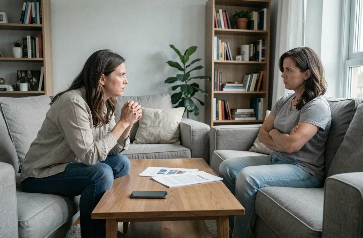 Deux femmes en conflit lors d'une conversation difficile dans un salon, tensions familiales autour d'une dénonciation CAF