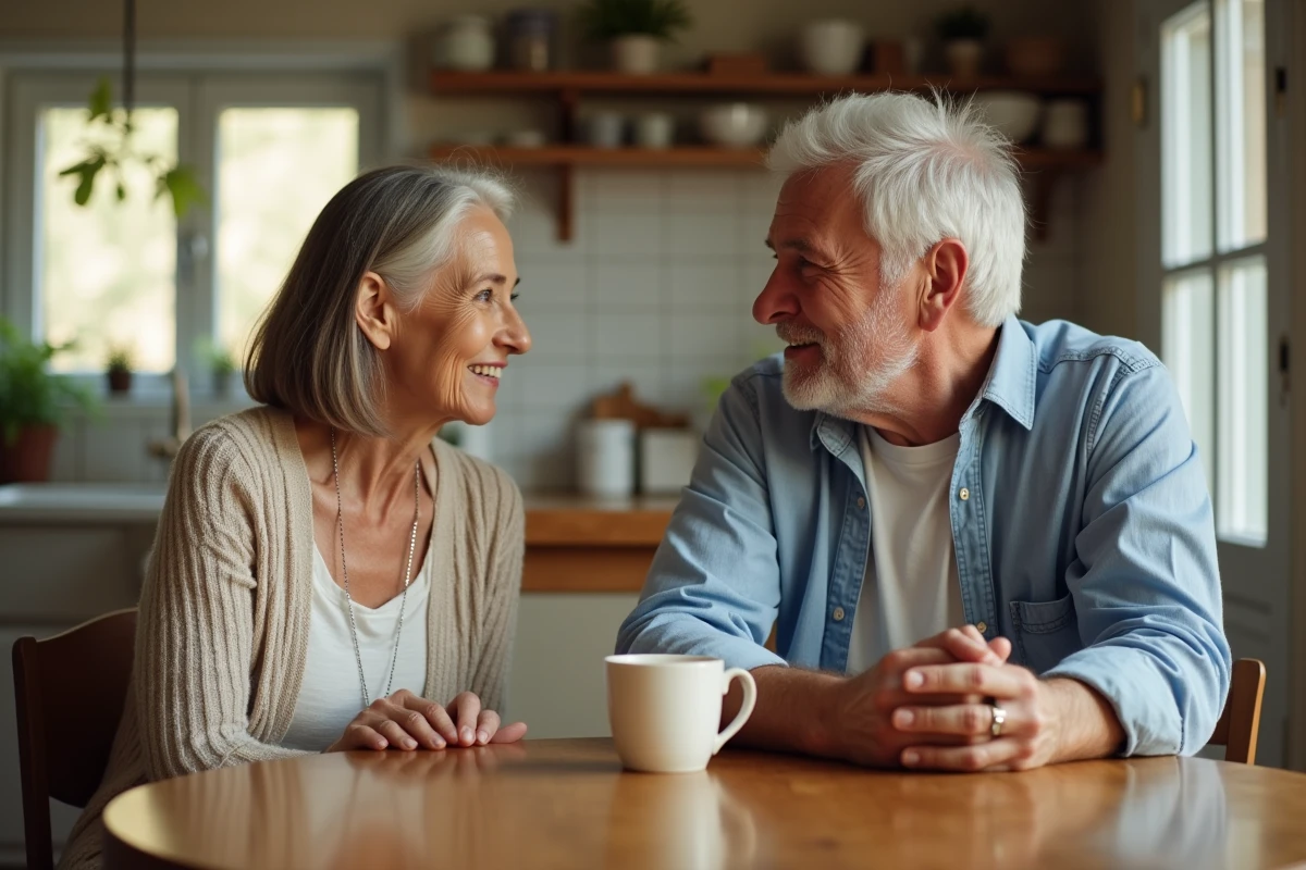 Couple mature discutant à la table de cuisine en famille