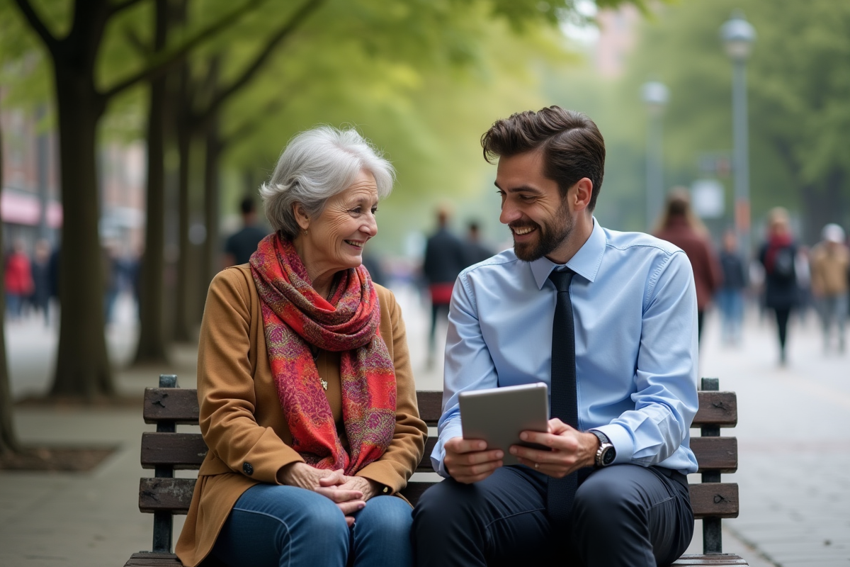 Femme en foulard coloré et jeune homme discutant sur un banc