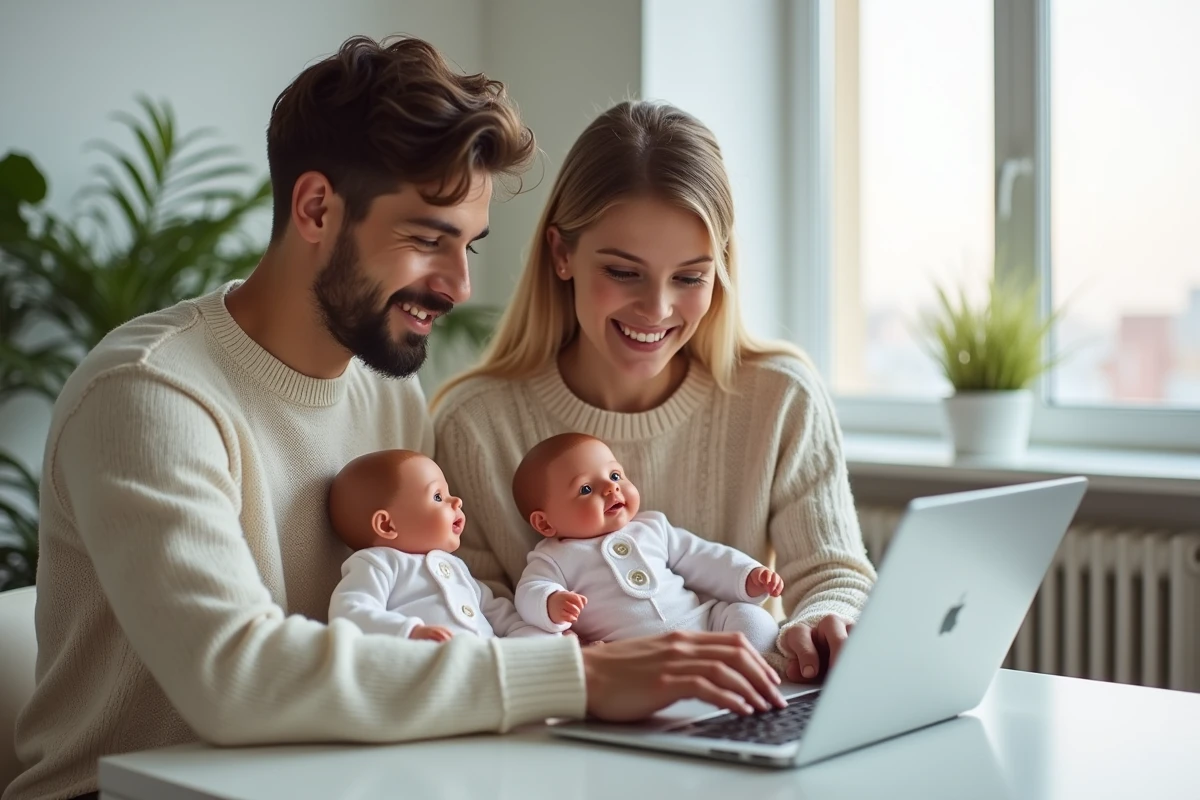 Jeune couple comparant des bebe reborn en ligne sur un bureau moderne