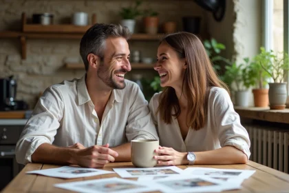 Couple complice attablé dans une cuisine parisienne chaleureuse évoquant la vie de famille