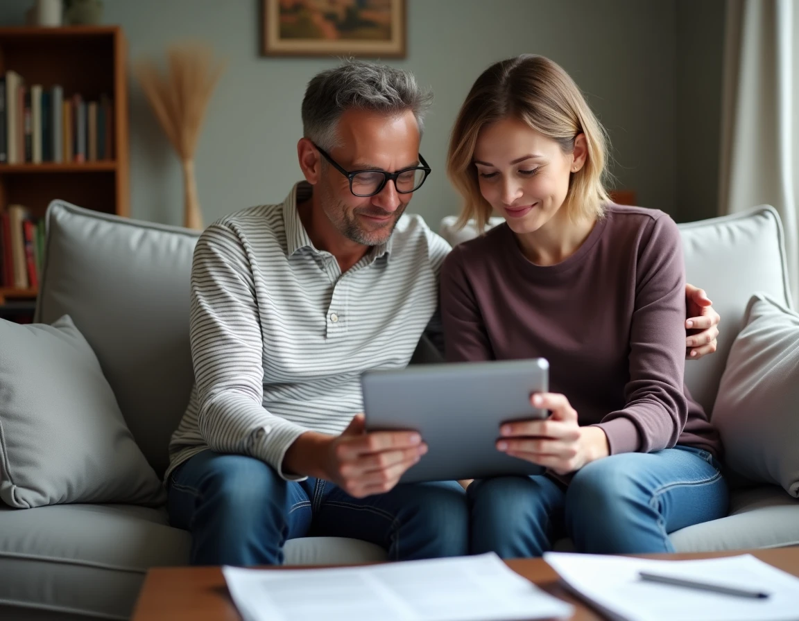 Couple remplissant ensemble une demande d'aide financière en ligne sur le site de la CAF depuis leur domicile