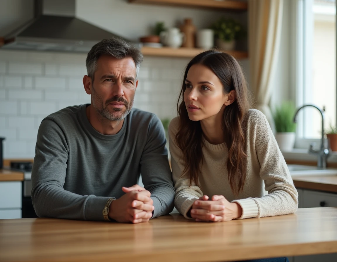 Couple en désaccord à une table de cuisine, l'homme cherchant le dialogue et la femme gardant ses distances
