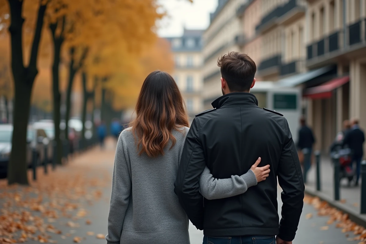Couple marchant de dos sur un boulevard parisien bordé d'arbres en automne, symbolisant la discrétion et la vie privée préservée d'une personnalité publique