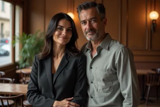 Couple élégant dans un café parisien illustrant la vie privée d'une personnalité médiatique française