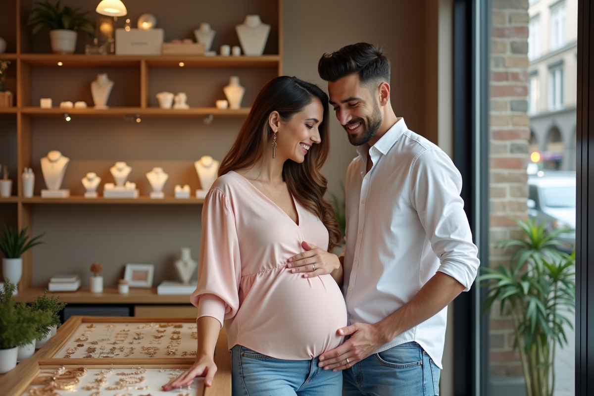 Jeune couple compare des bolas de grossesse en boutique