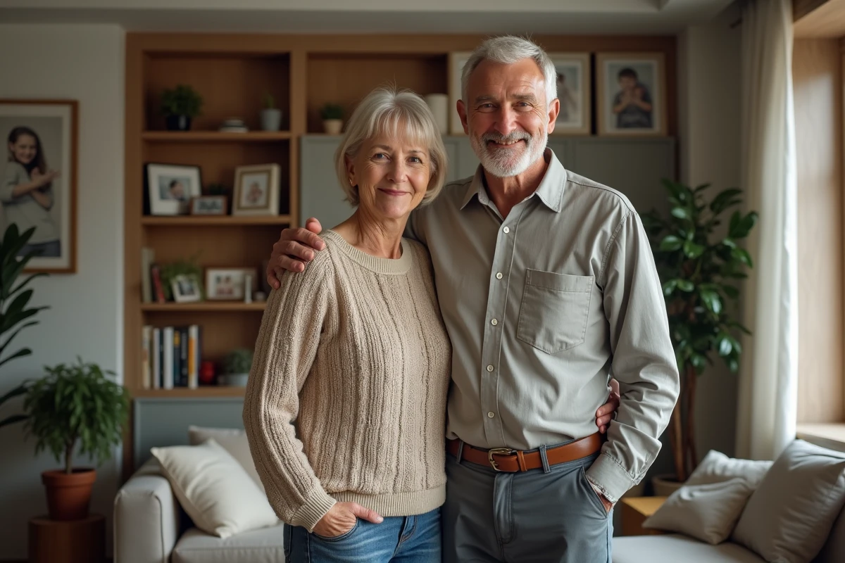 Couple d'âge moyen dans un salon chaleureux et moderne