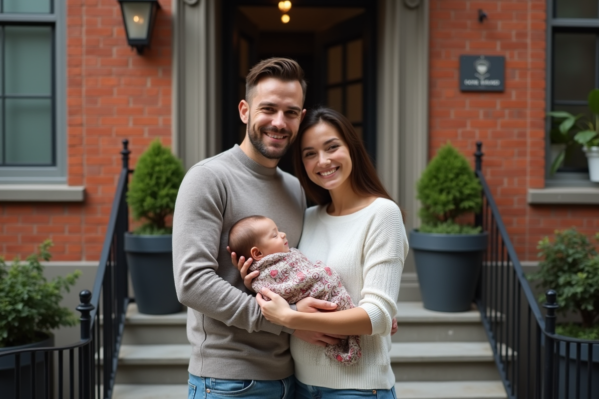 Couple souriant sortant de leur appartement avec bébé