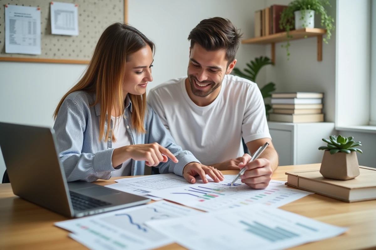 Couple de parents planifiant leur budget familial pendant le congé parental avec des documents financiers et un ordinateur portable