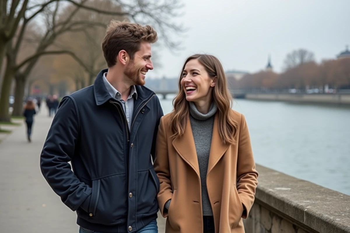 Couple élégant se promenant le long d'une promenade au bord de l'eau en automne, sourires naturels, évoquant la vie de couple et l'intimité de personnalités publiques