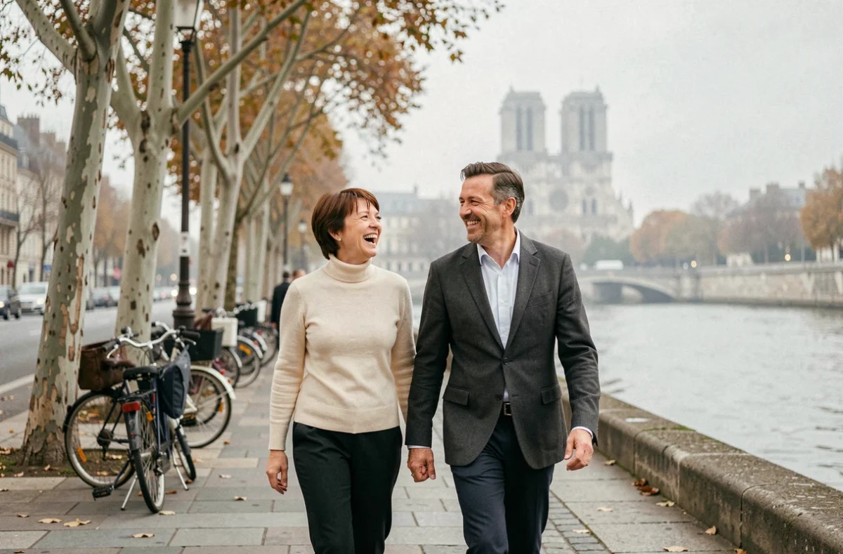 Couple élégant se promenant sur les quais de la Seine à Paris en automne