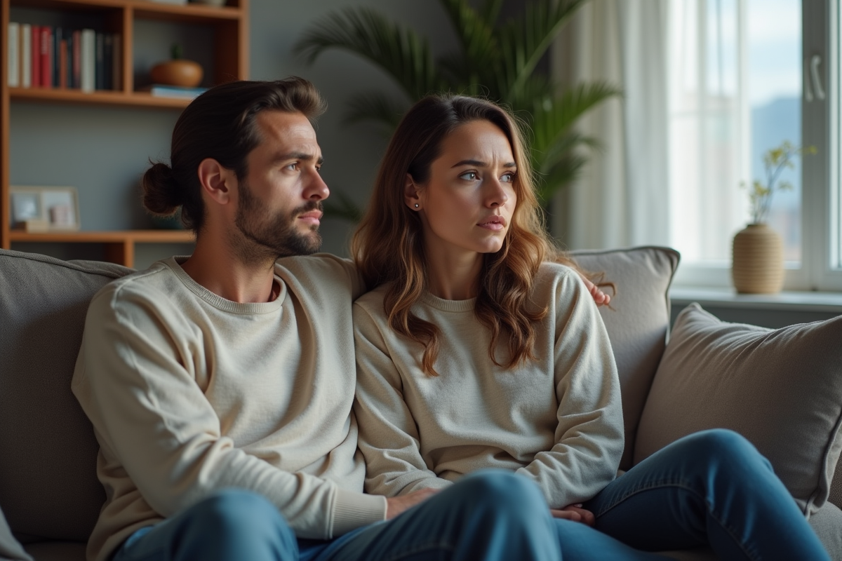 Couple dans leur salon moderne avec regard pensif